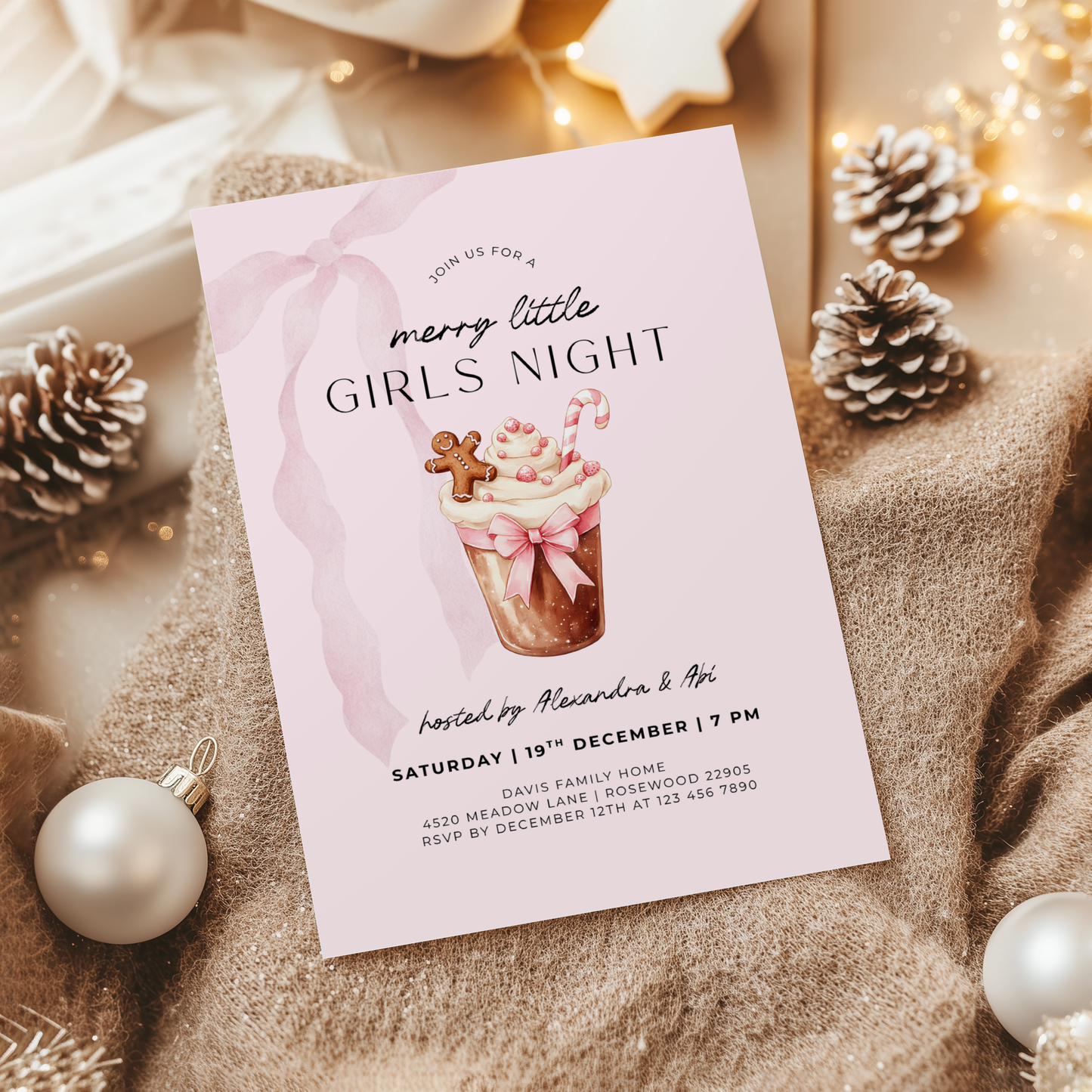 Editable Pink Christmas Girls Night Party Invitation Template L27