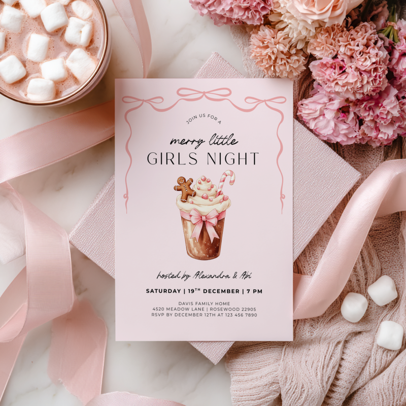 Editable Pink Christmas Girls Night Party Invitation Template L27