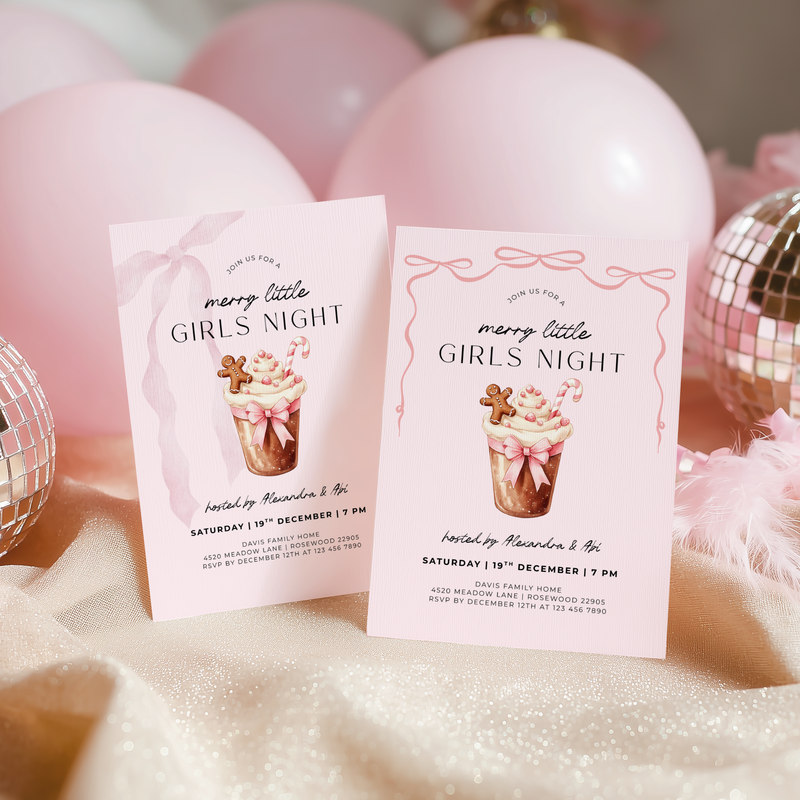 Editable Pink Christmas Girls Night Party Invitation Template L27