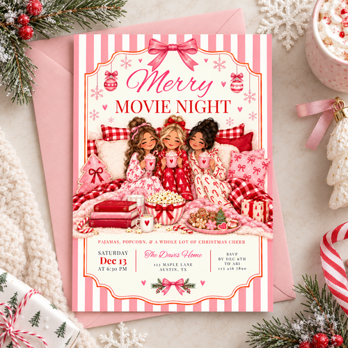 Pink Christmas Movie Night Invitation L180