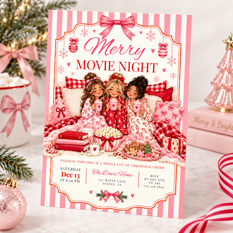Pink Christmas Movie Night Invitation L180