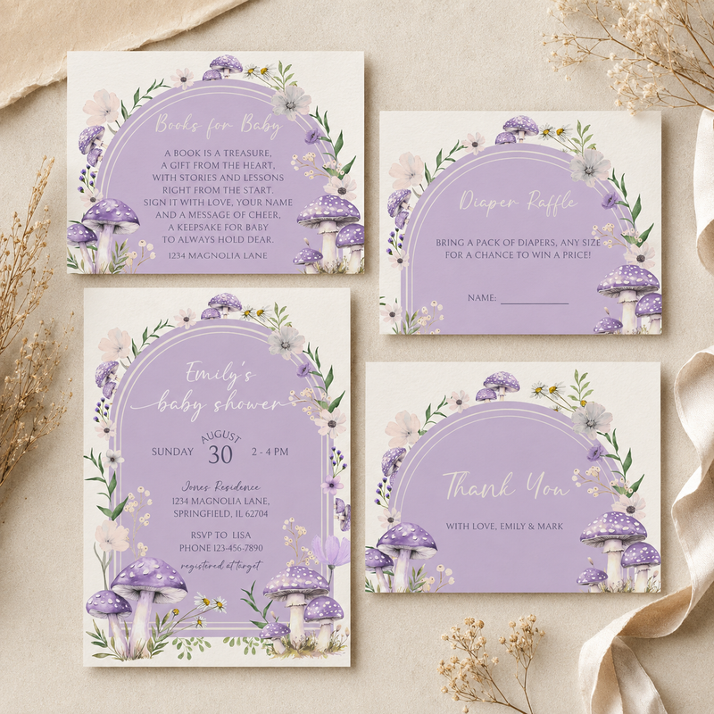 Purple Mushroom Woodland Baby Shower Invitation Bundle BS82