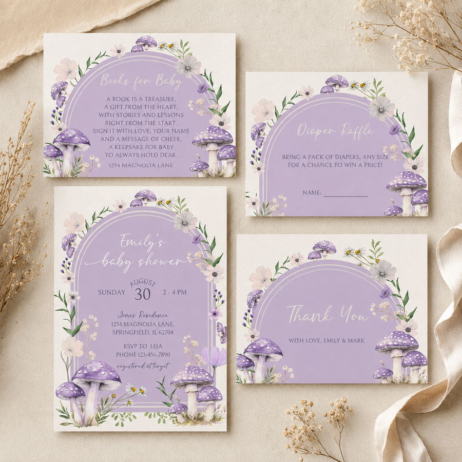 Purple Mushroom Woodland Baby Shower Invitation Bundle BS82