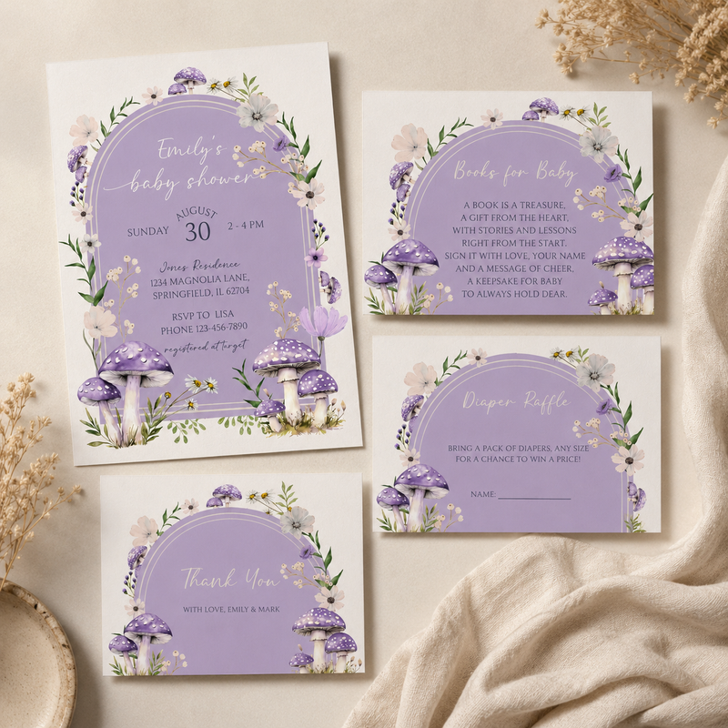 Purple Mushroom Woodland Baby Shower Invitation Bundle BS82
