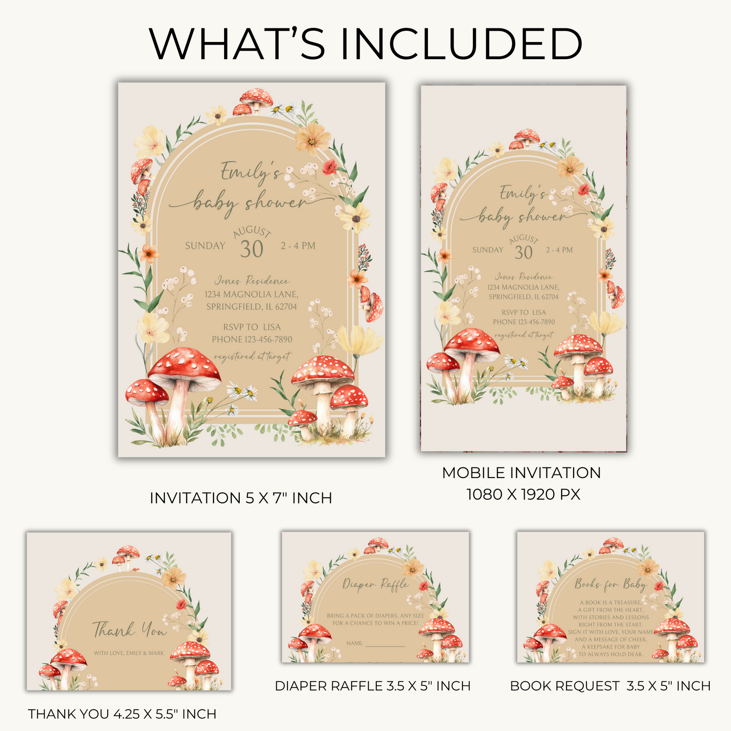 Baby Shower Invitation Bundle - Little Fungi On The Way Fall Mushroom Neutral Beige Forest BS82