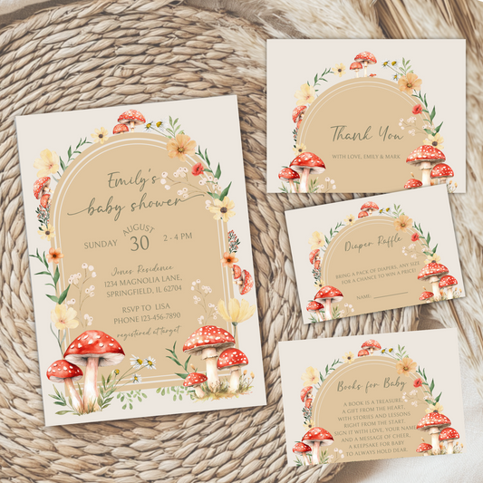 Baby Shower Invitation Bundle - Little Fungi On The Way Fall Mushroom Neutral Beige Forest BS82