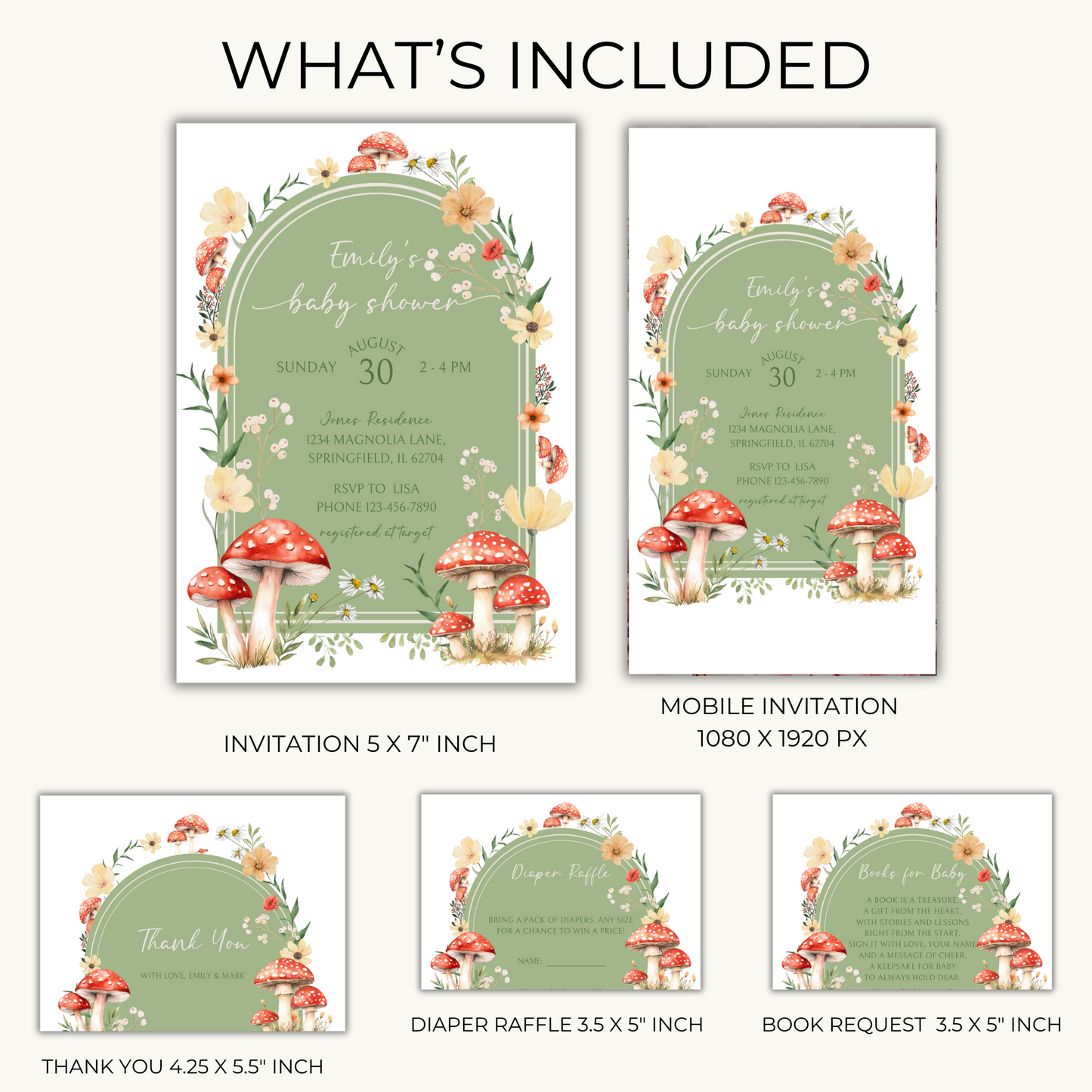 Baby Shower Invitation Bundle - Little Fungi On The Way Green Red Mushroom BS82