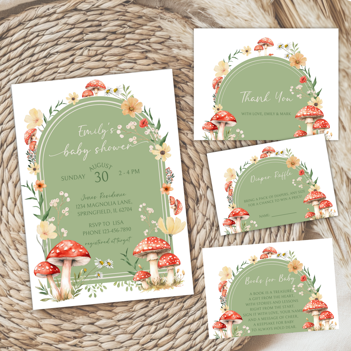 Baby Shower Invitation Bundle - Little Fungi On The Way Green Red Mushroom BS82