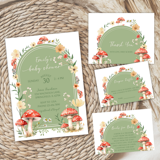 Baby Shower Invitation Bundle - Little Fungi On The Way Green Red Mushroom BS82