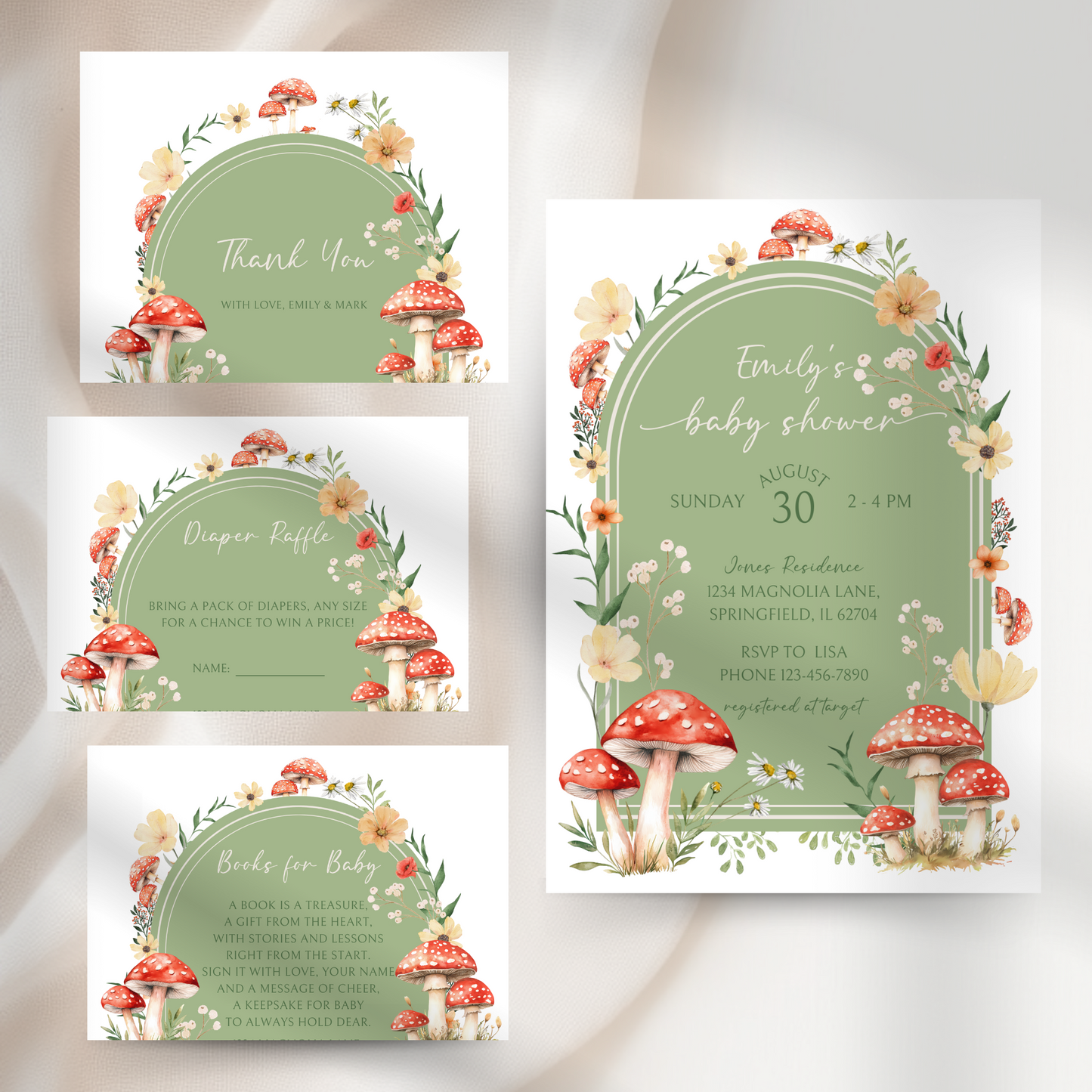 Baby Shower Invitation Bundle - Little Fungi On The Way Green Red Mushroom BS82