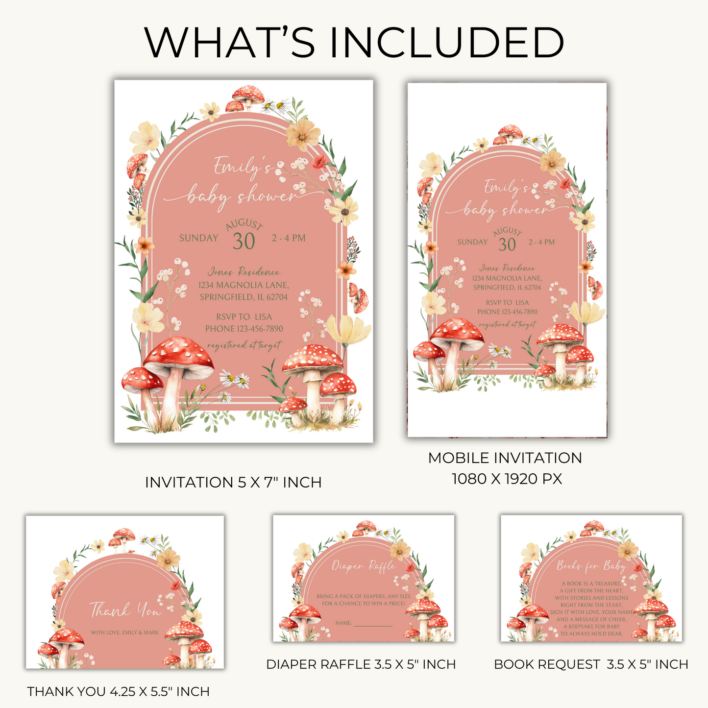 Baby Shower Invitation Bundle - Red Mushroom Little Fungi Enchanted Woodland Forest BS82