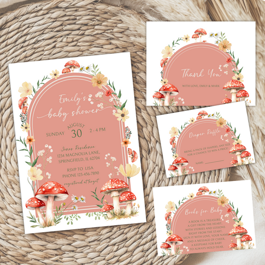 Baby Shower Invitation Bundle - Red Mushroom Little Fungi Enchanted Woodland Forest BS82