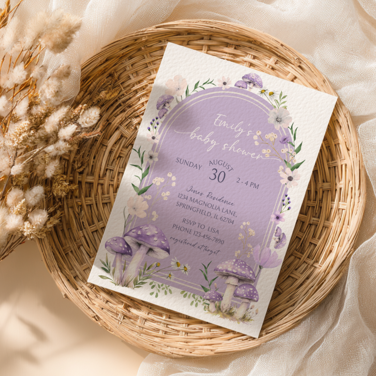 Baby Shower Invitation - Mushroom Magical Woodland Lavender Lilac Enchanted Forest BS82
