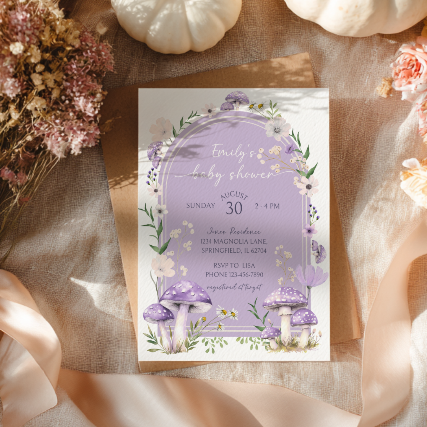 Baby Shower Invitation - Mushroom Magical Woodland Lavender Lilac Enchanted Forest BS82