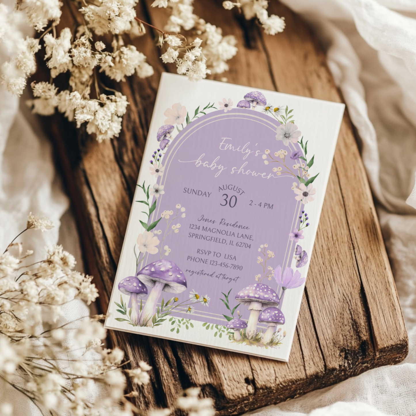 Baby Shower Invitation - Mushroom Magical Woodland Lavender Lilac Enchanted Forest BS82