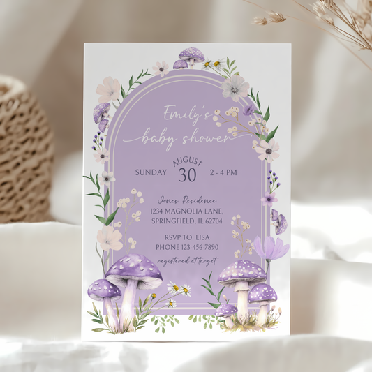 Baby Shower Invitation - Mushroom Magical Woodland Lavender Lilac Enchanted Forest BS82