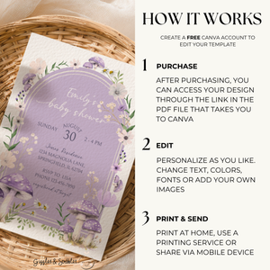 Baby Shower Invitation - Mushroom Magical Woodland Lavender Lilac Enchanted Forest BS82