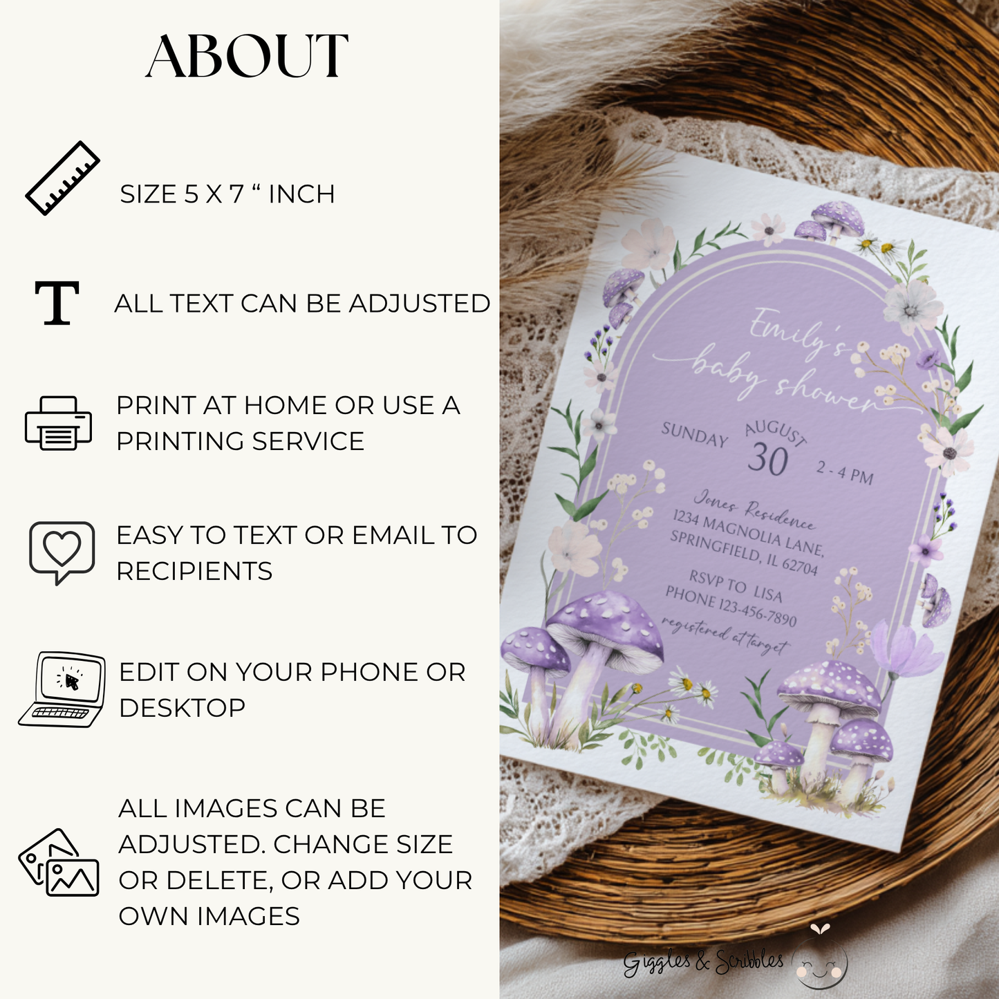 Baby Shower Invitation - Mushroom Magical Woodland Lavender Lilac Enchanted Forest BS82