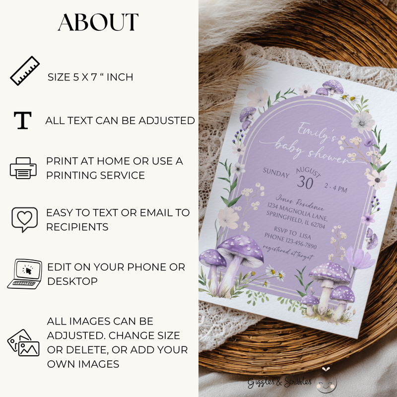 Baby Shower Invitation - Mushroom Magical Woodland Lavender Lilac Enchanted Forest BS82