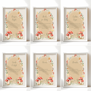Baby Shower Table Sign Bundle - Little Fungi Neutral Beige Mushroom Woodland Forest BS82