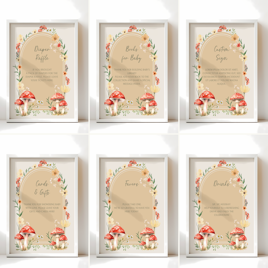 Baby Shower Table Sign Bundle - Little Fungi Neutral Beige Mushroom Woodland Forest BS82