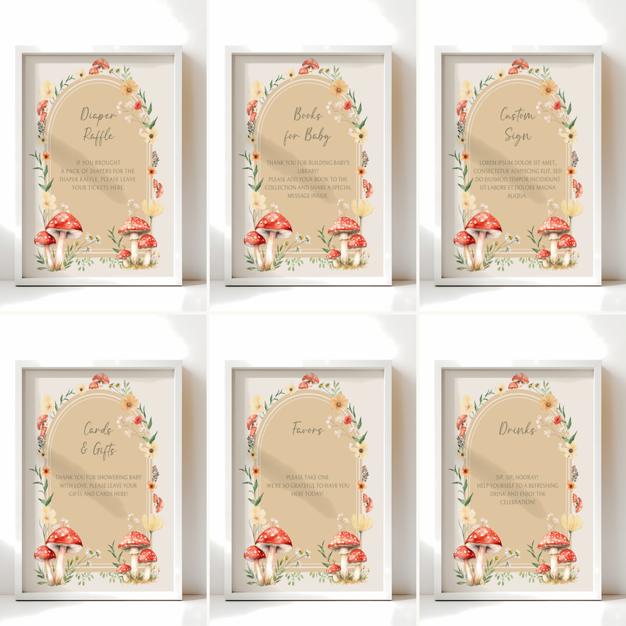 Baby Shower Table Sign Bundle - Little Fungi Neutral Beige Mushroom Woodland Forest BS82