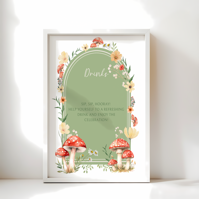 Baby Shower Table Sign Bundle - Green Mushroom Little Fungi Woodland Forest BS82
