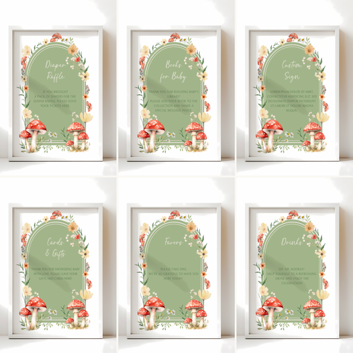 Baby Shower Table Sign Bundle - Green Mushroom Little Fungi Woodland Forest BS82