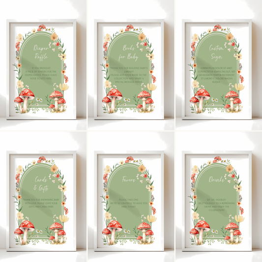 Baby Shower Table Sign Bundle - Green Mushroom Little Fungi Woodland Forest BS82