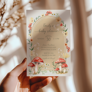 Baby Shower Invitation - Mushroom Enchanted Woodland Forest Fungi Fall Beige BS82