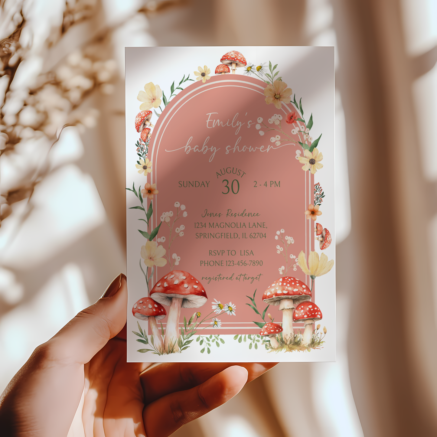 Baby Shower Invitation - Red Mushroom Fungi Fall Woodland Enchanted Forest BS82