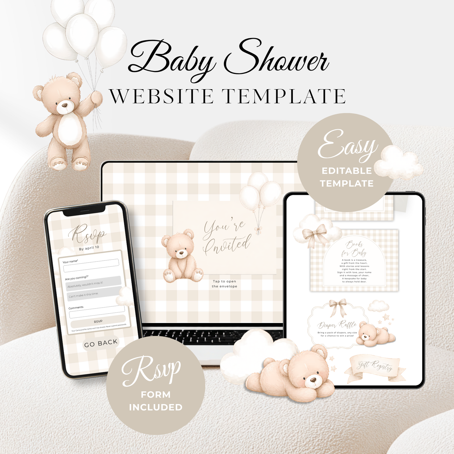 Neutral Bear Baby Shower Invitation Website with RSVP - Digital Template BS295