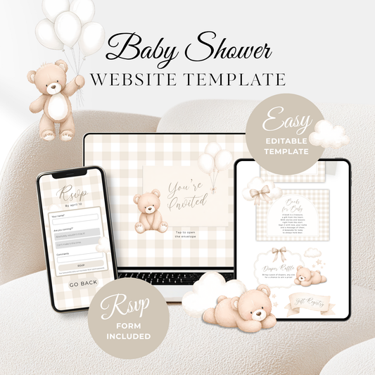 Neutral Bear Baby Shower Invitation Website with RSVP - Digital Template BS295