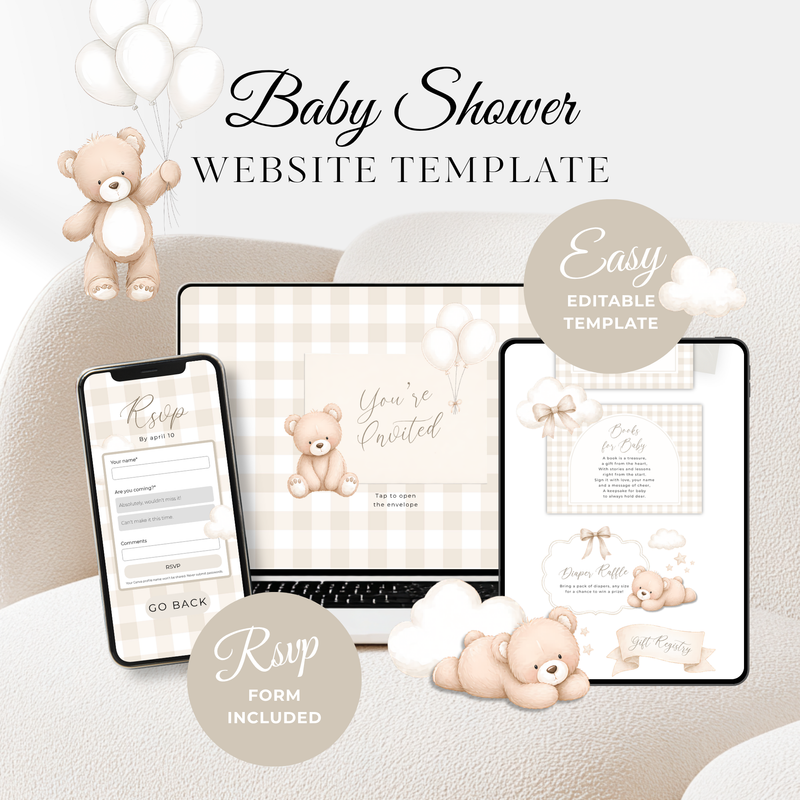 Neutral Bear Baby Shower Invitation Website with RSVP - Digital Template BS295