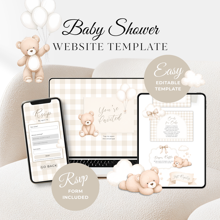 Neutral Bear Baby Shower Invitation Website with RSVP - Digital Template BS295