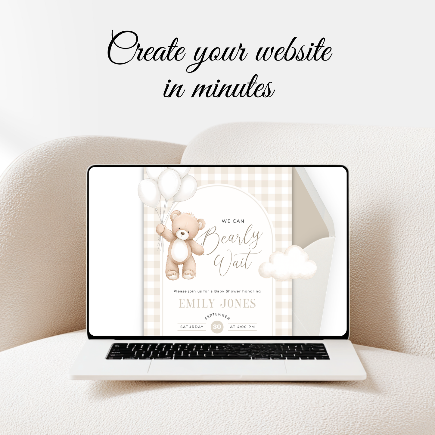Neutral Bear Baby Shower Invitation Website with RSVP - Digital Template BS295