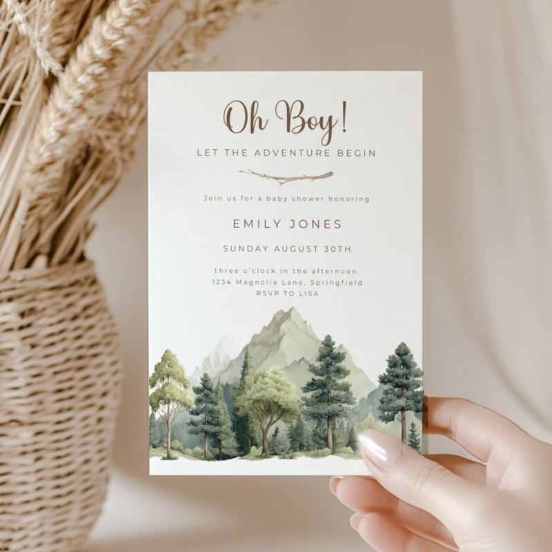 Baby Shower Invitation - Oh Boy Let The Adventure Begin Outdoor Mountain Forest BS199