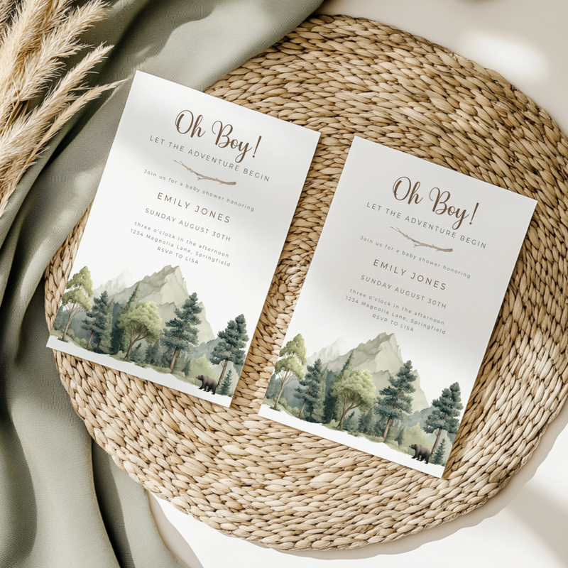 Baby Shower Invitation - Oh Boy Let The Adventure Begin Outdoor Mountain Forest BS199