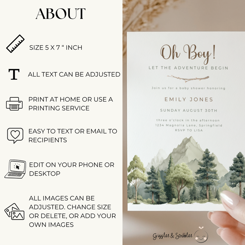 Baby Shower Invitation - Oh Boy Let The Adventure Begin Outdoor Mountain Forest BS199