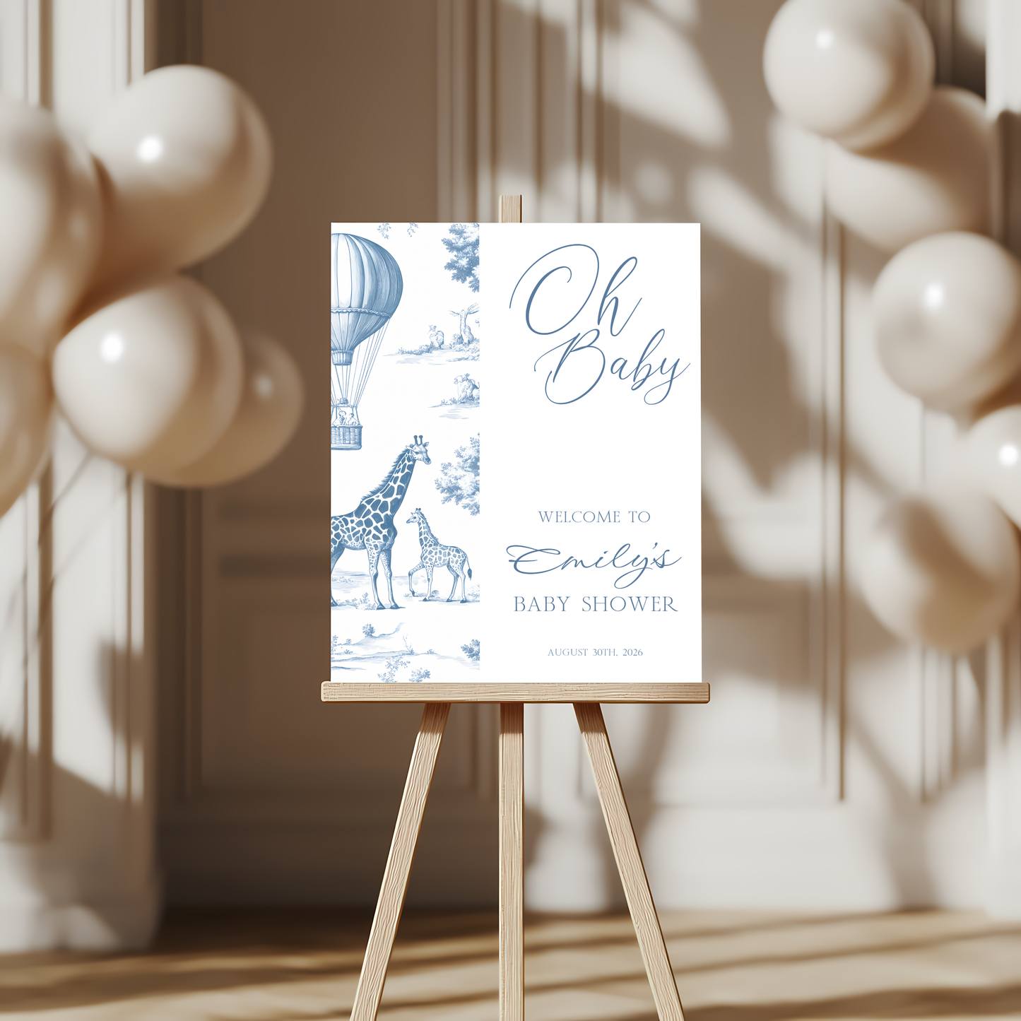 Baby Shower Welcome Sign - Toile Safari Dusty Blue Giraffes Hot Air Balloon BS121