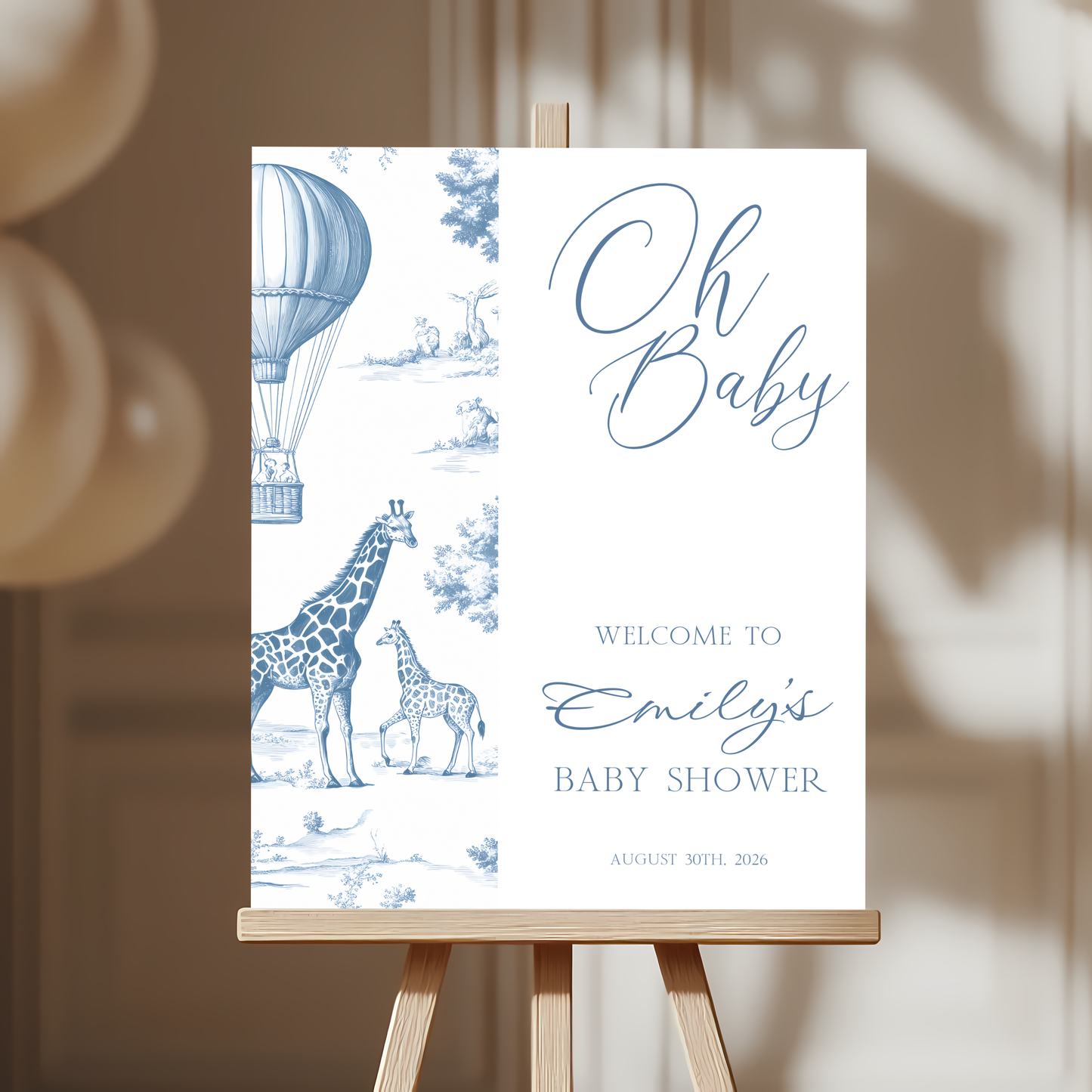 Baby Shower Welcome Sign - Toile Safari Dusty Blue Giraffes Hot Air Balloon BS121