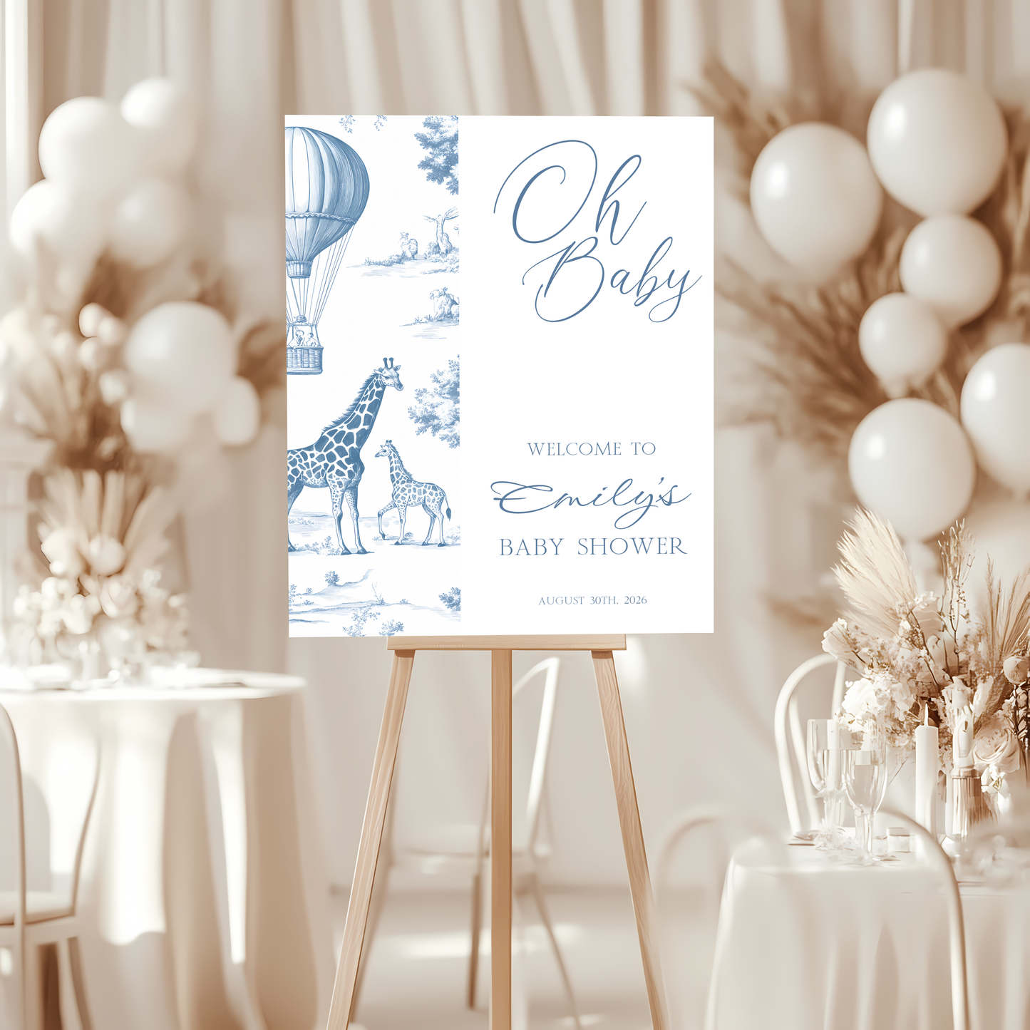 Baby Shower Welcome Sign - Toile Safari Dusty Blue Giraffes Hot Air Balloon BS121