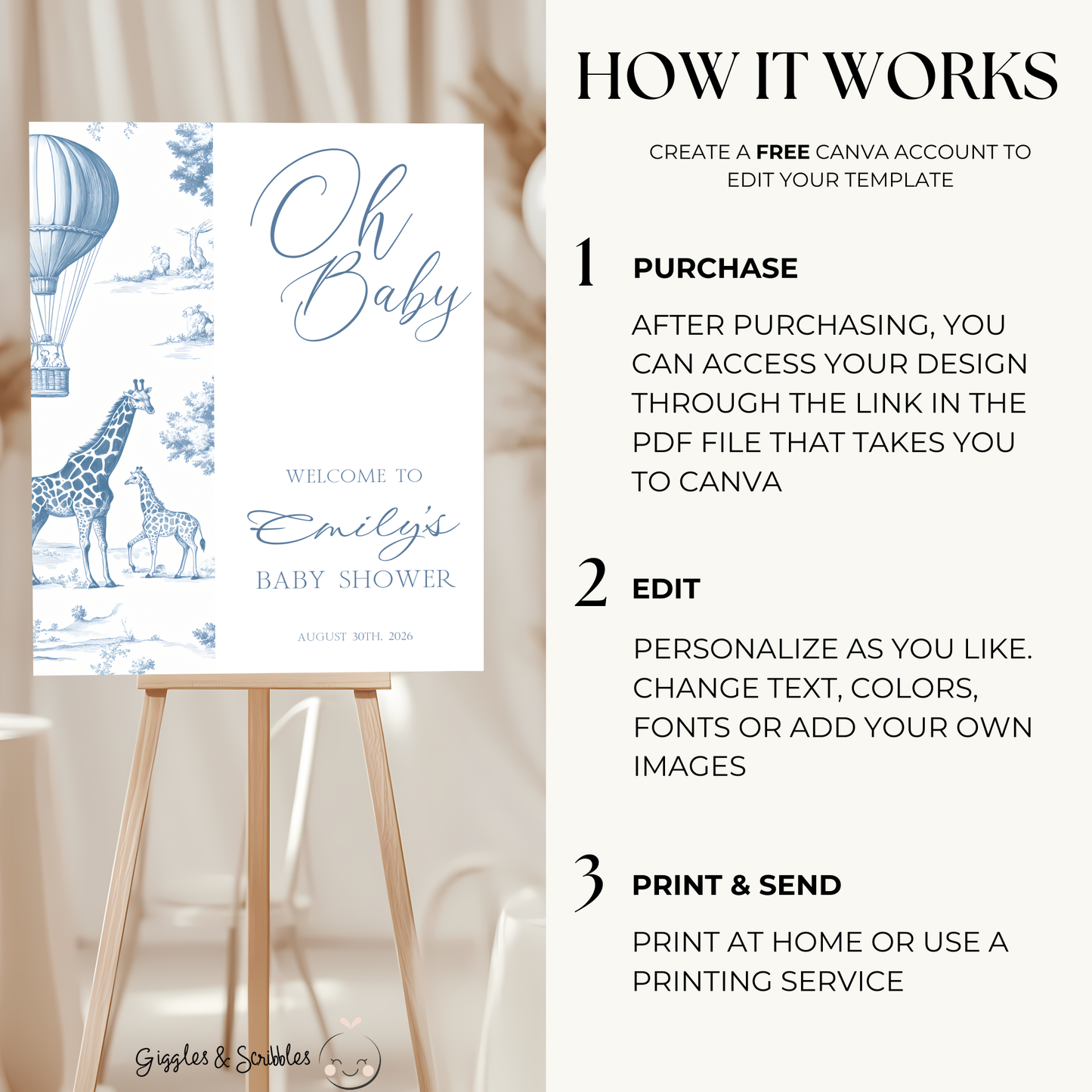Baby Shower Welcome Sign - Toile Safari Dusty Blue Giraffes Hot Air Balloon BS121
