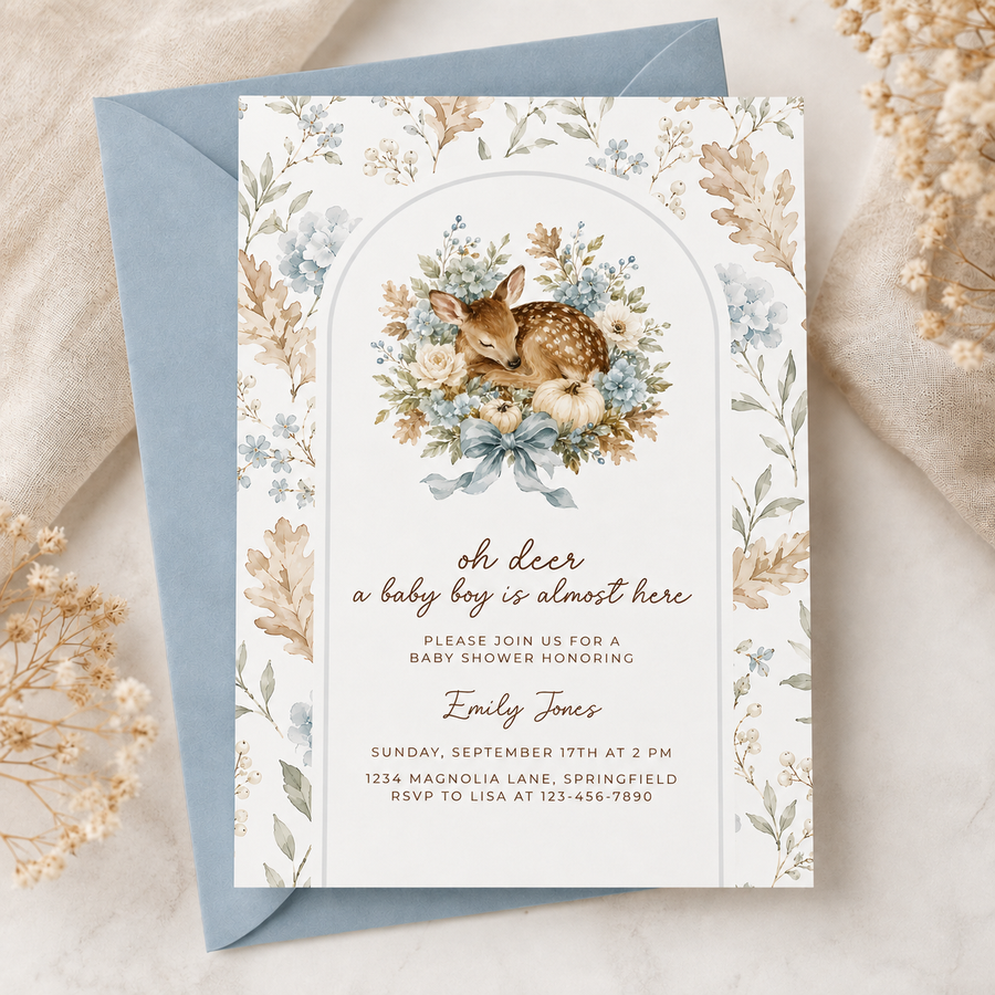 Oh Deer Fall Woodland Baby Shower Invitation for a Boy BS324