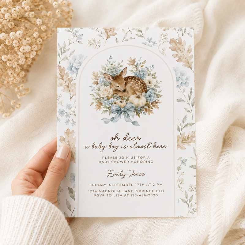 Oh Deer Fall Woodland Baby Shower Invitation for a Boy BS324