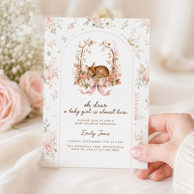 Oh Deer Fall Woodland Baby Shower Invitation for a Baby Girl BS323