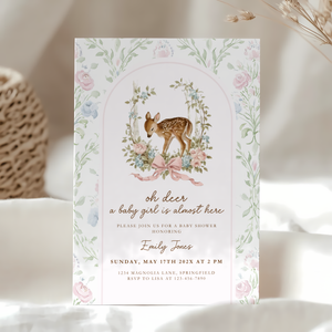 Baby Shower Invitation - Oh Deer Girl Pink Vintage Floral Woodland BS253