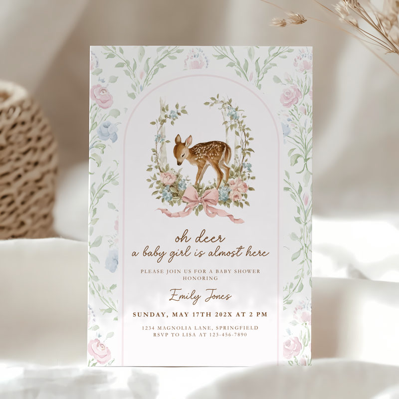Baby Shower Invitation - Oh Deer Girl Pink Vintage Floral Woodland BS253