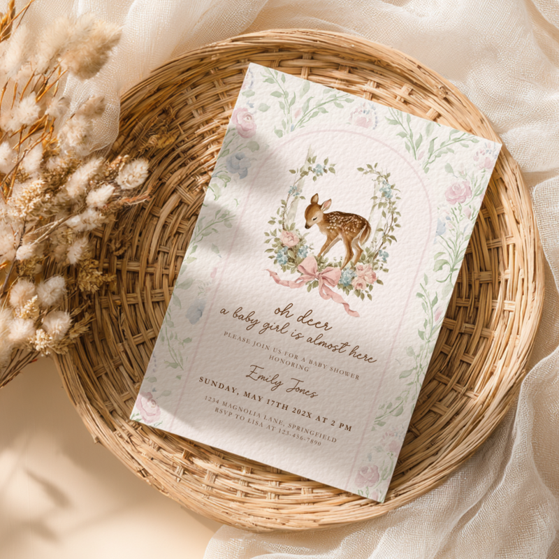 Baby Shower Invitation - Oh Deer Girl Pink Vintage Floral Woodland BS253