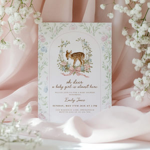 Baby Shower Invitation - Oh Deer Girl Pink Vintage Floral Woodland BS253
